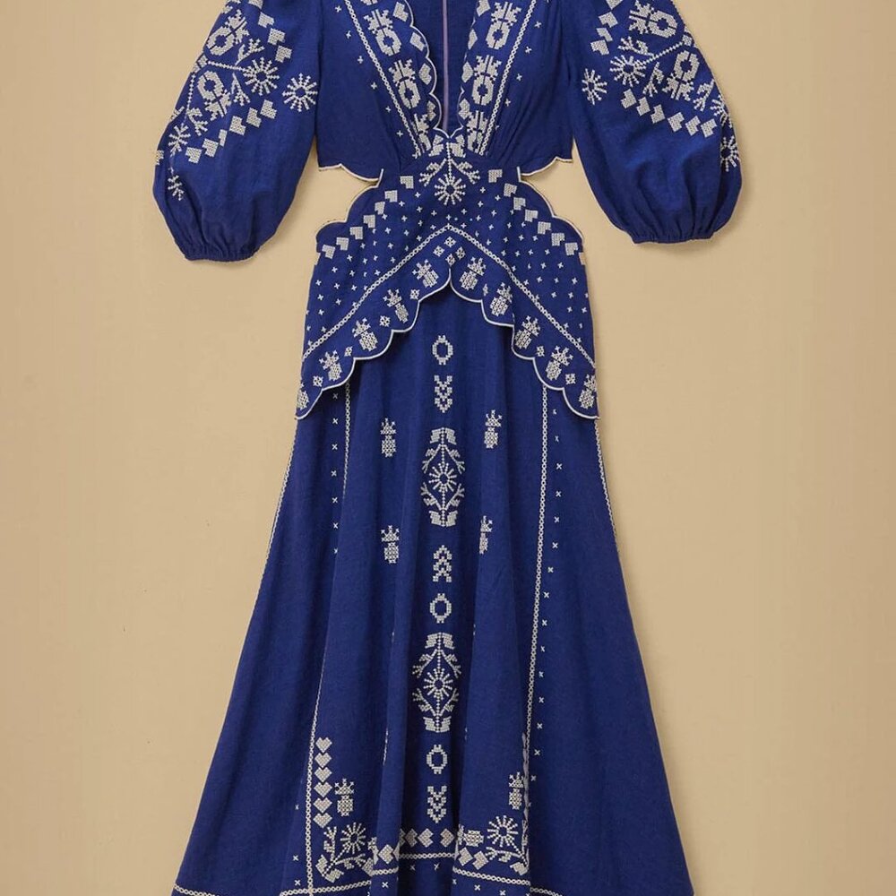 Farm Rio Navy Blue Embroidered Cut-Out Midi Dress